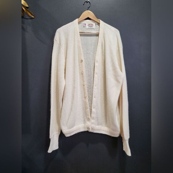 Vintage Woolen Mills Cream Grandpa Cardigan Button V Sz Tall XL USA Unisex - Picture 14 of 14